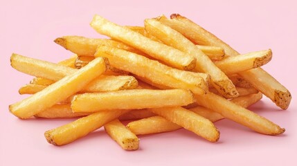 Pile of golden french fries on pink background