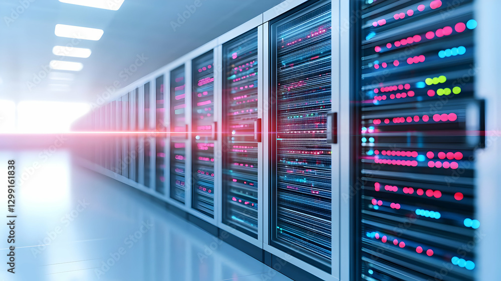 Poster rows of illuminated servers in a data center with bright lighting and blue and red lights