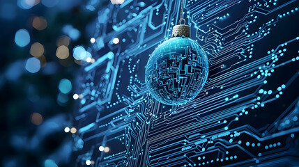 Blue Illuminated Christmas Ornament On A Circuit Board Background