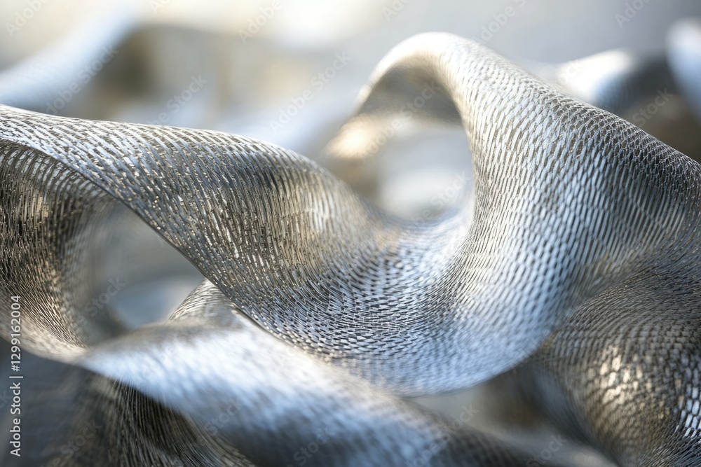 Poster abstract image of flowing, silver, woven fabric with intricate texture and soft light.