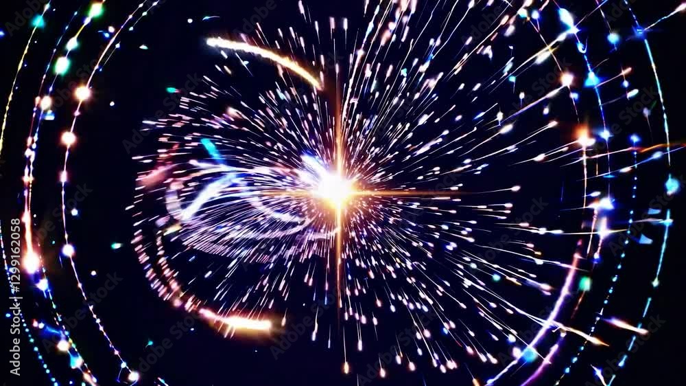 Poster circular streaks of light and particles emanate from a bright star explosion, creating a vibrant and