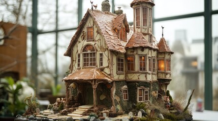 Detailed miniature haunted house in a greenhouse setting