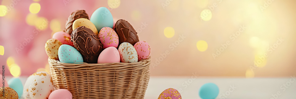 Poster colorful easter eggs arranged in a decorative basket against a soft background with a warm glow