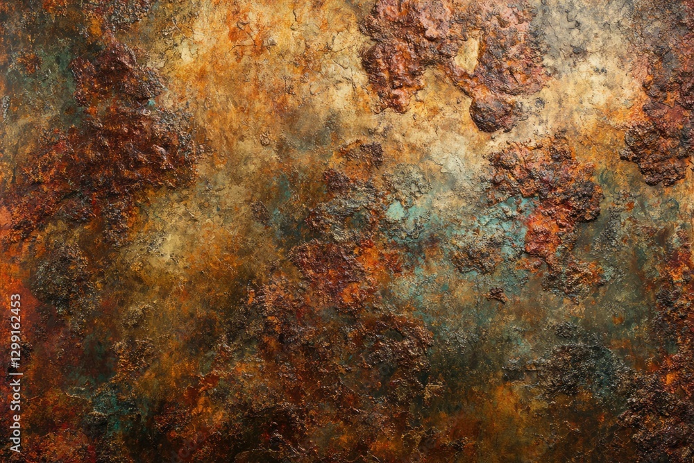 Poster a textured image showing a rusty metallic surface with varying shades of brown, orange, and green.