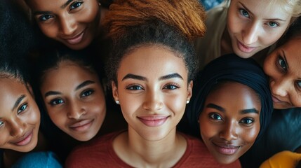 Obraz premium Group of diverse women smiling together, showcasing unity and friendship in a cozy indoor setting