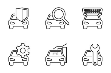 Car diagnostics icons set for OBD devices. In monochrome style