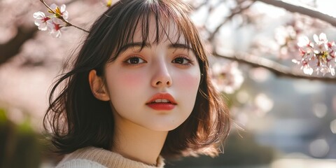 A young woman gazes softly at the camera. Cherry blossoms frame her face, creating a serene atmosphere. This portrait captures beauty. Ideal for lifestyle and nature themes. AI