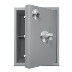 Metal safe box with open door banking finance protection storage realistic vector illustration