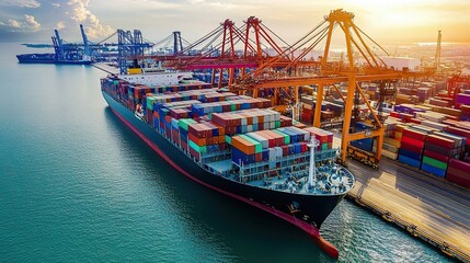 Large cargo ship loaded with colorful shipping containers docked at an industrial port with cranes at sunset