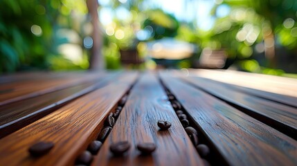 Charming wooden table nestled amidst lush coffee trees in a scenic coffee field landscape