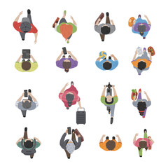 Modern people going with different elements top view set vector flat illustration