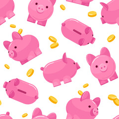 Pink piggy bank with golden coin cash money seamless pattern design template vector