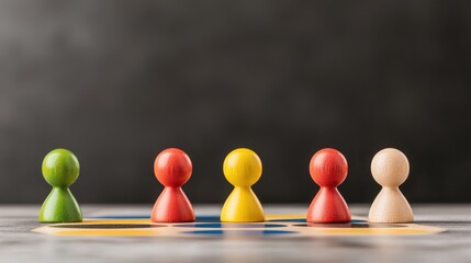 Obraz premium Colorful wooden game pawns stand in a row on a table against a dark background, representing diversity and teamwork.