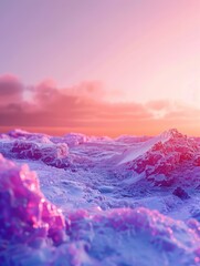 Ethereal crystalline landscape under a vibrant sunset sky horizon