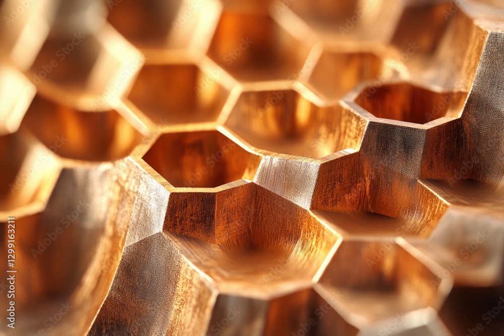 Poster close-up of a golden honeycomb-like structure, showcasing intricate hexagonal details and metallic s