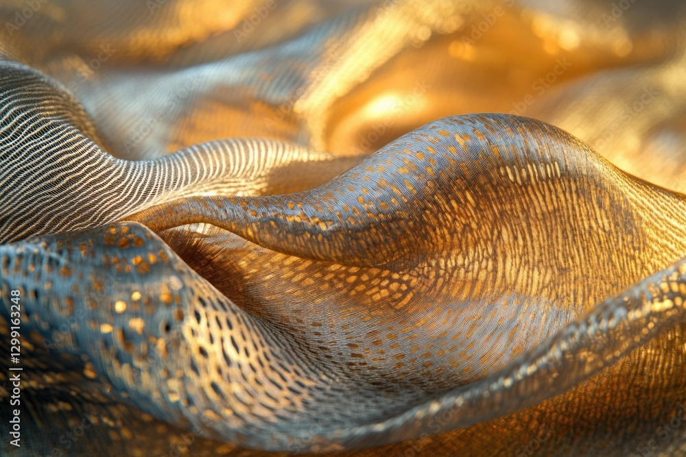 Aufkleber abstract image of gold fabric with intricate texture and flowing waves, illuminated by warm light.