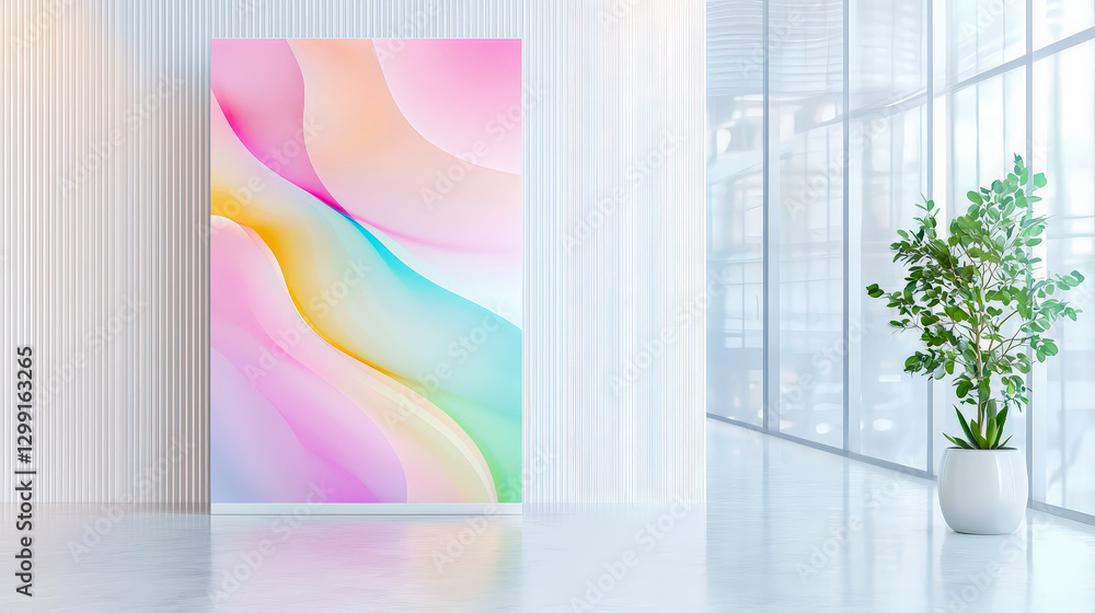 Poster modern abstract artwork adorns sleek gallery space with natural light in a minimalist setting