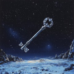 Naklejka premium Celestial Key: A cosmic key floats above a stark, alien landscape under a starry night sky.
