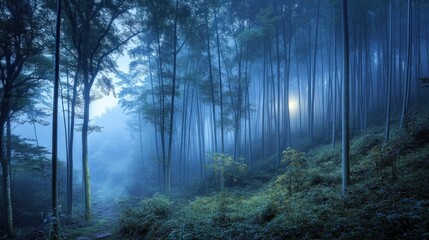 Fototapeta premium Soft Sunrise Glow in a Serene Bamboo Forest Illuminated by Nature