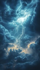 Fototapeta premium Intense lightning strikes through dark storm clouds in the atmosphere