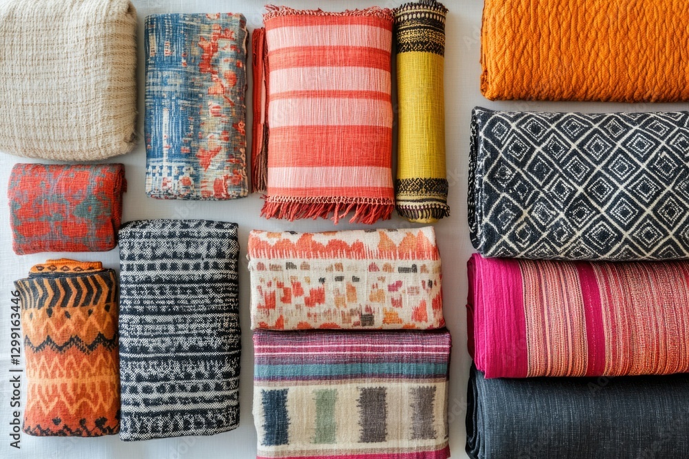 Poster collection of vibrant, textured textiles in various patterns and colors, showcasing handmade craftsm