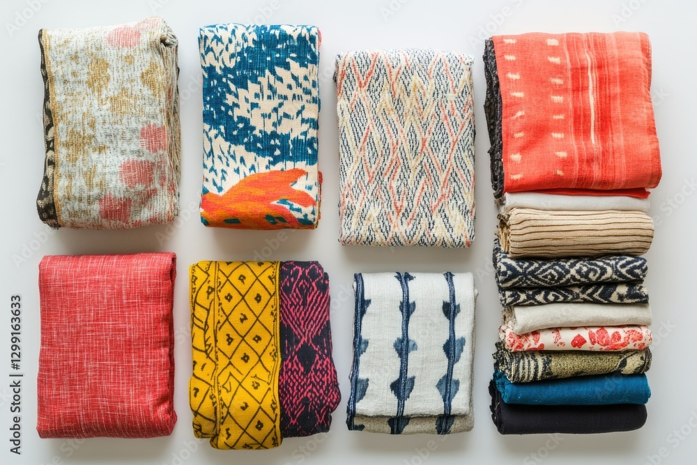 Poster a collection of folded textiles showcasing diverse patterns and colors, ideal for home decor.
