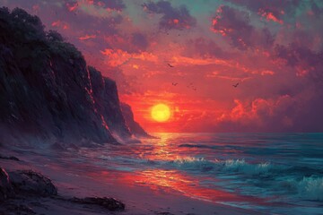 Vibrant sunset paints the sky fiery orange and red, casting a warm glow on the ocean waves crashing against a dramatic cliffside beach.