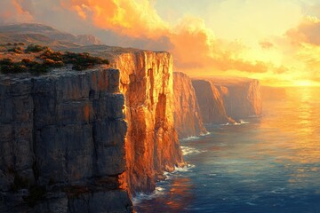 Fototapeta premium Majestic cliffs bathed in the golden light of a breathtaking sunset over a vast ocean.