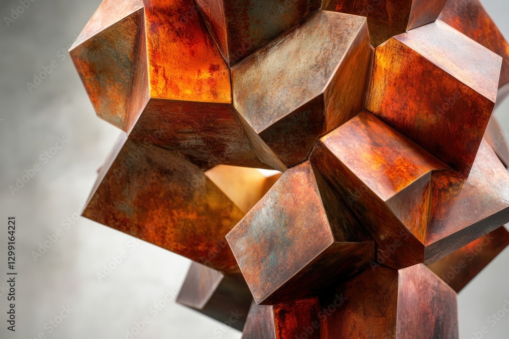 Poster abstract rusted metal sculpture, geometric shapes interlocked, creating a complex, three-dimensional