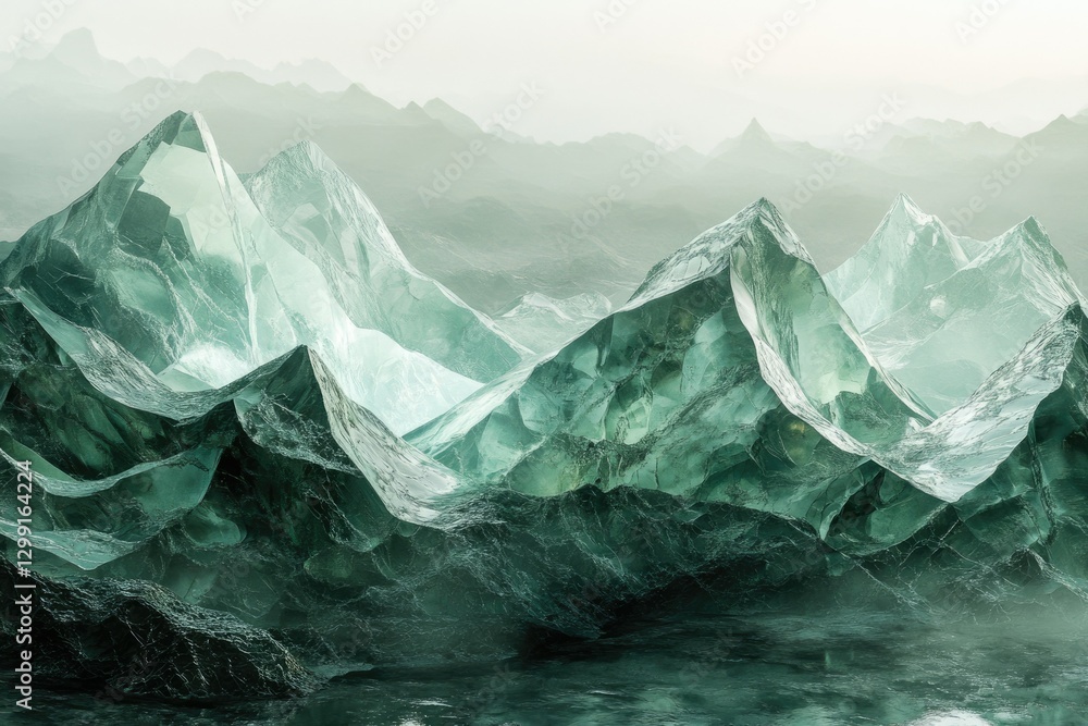 Poster a surreal landscape of teal-colored, crystalline mountains shrouded in mist, creating a mystical and