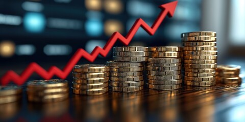 Financial Growth and Investment Success: Rising Stacks of Gold Coins with an Upward Trending Arrow