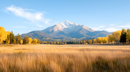 Autumnal mountain vista, golden field, clear sky, landscape photography, nature scene