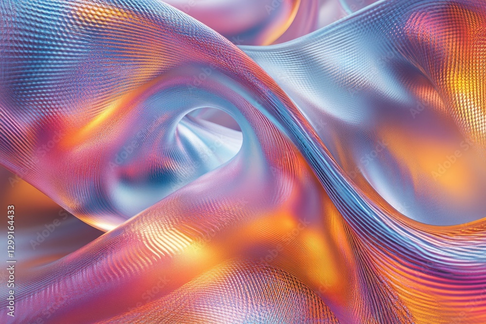Fototapete Abstract iridescent waves, flowing fabric-like texture with warm and cool colors creating a mesmerizing visual effect.