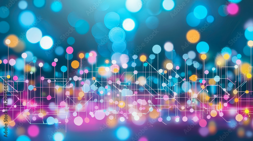 Poster Colorful abstract background with glowing circles and digital patterns illustrating technology and connectivity