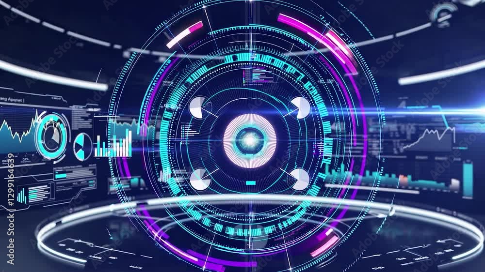 Poster futuristic cyber eye is scanning and processing data on digital display with charts and graphs, repr