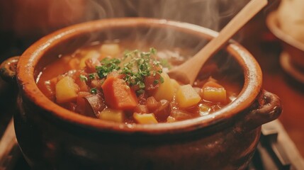 Steaming Bowl of Vegetable Soup with Wooden Spoon in Cozy Kitchen