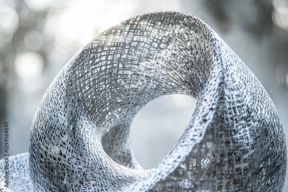 Poster Intricate silver mesh forms a swirling, three-dimensional loop, creating an abstract sculpture.