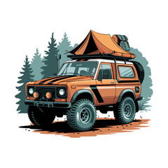 Vintage Offroad Adventure SUV with Rooftop Tent in Wilderness Vector Art