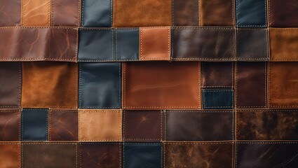 Fototapeta premium Brown leather patchwork quilt with visible stitches in assorted colors for an organic feel