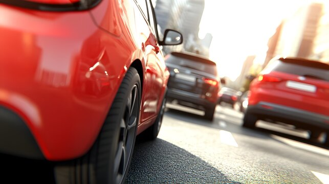 Close-up of a compact car struggling to fit into a tight parking space in a busy urban setting, with reflections of city lights on the wet pavement. Ideal for traffic, urban life, and driving challeng