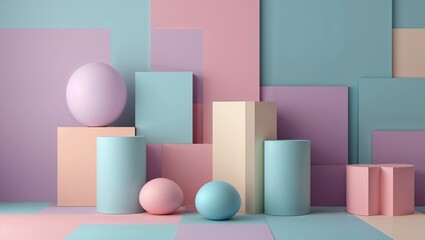 Pastel Geometric Shapes Background Scene With Cylinders Cubes and Spheres Soft Colors