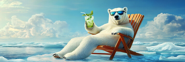 A polar bear with sunglasses, chilling on an ice floe in the North Sea, sipping a mojito, blending fun, relaxation, and surrealism for a unique advertising concept, banner