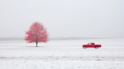 Red tree, snow-covered field, red truck driving through the landscape