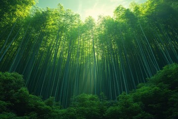 Obraz premium Majestic bamboo forest with sunlight filtering through tall trunks during a calm afternoon