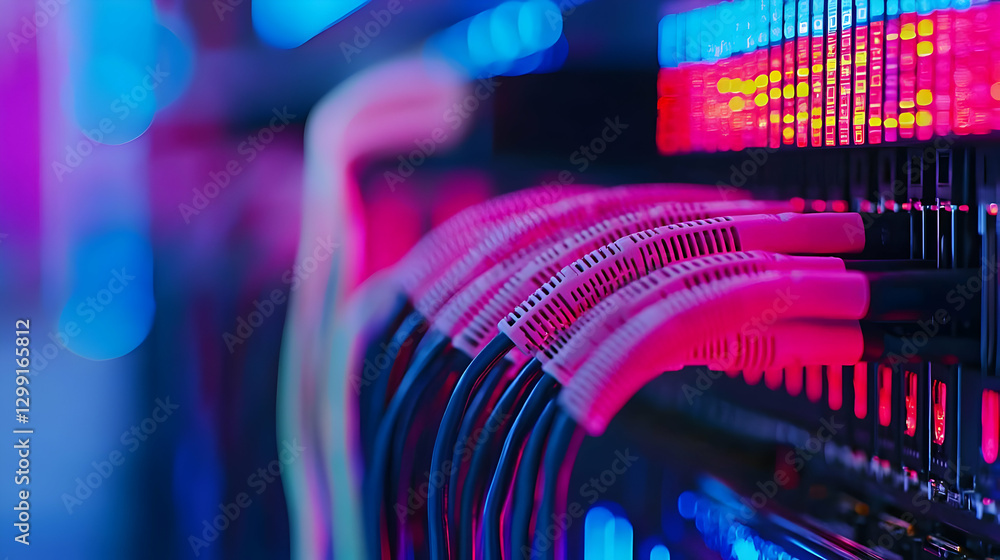 Poster illuminated server cables arrayed horizontally in a blue and pink hued system
