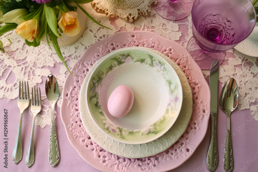 Poster elegant spring table setting with delicate porcelain plates and a pastel egg centerpiece for a festi