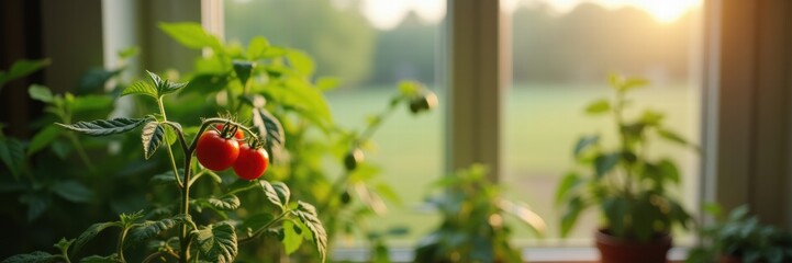 Obraz premium Vibrant indoor garden featuring ripe tomatoes and fresh herbs illuminated by sunlight, showcasing the beauty of growing your own food at home.