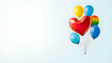Vibrant Bunch Of Balloons Including A Red Heart Shape Against A Light Blue Background