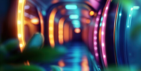 Blurred image of luxurious interior in deep blue, purple, green, yellow tones, creating a rich and elegant atmosphere. Bokeh interior background cabaret, burlesque, theater, nightclub or casino.