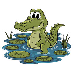 Obraz premium Cartoon Crocodile Standing in Water with Lilypads Vector Illustration